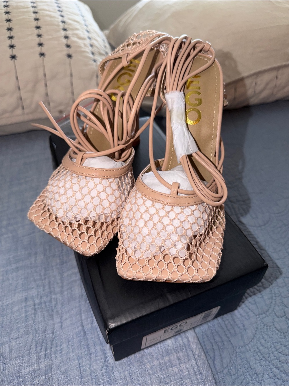 EGO Blush Pink Lace-Up Mesh Square-Toe Heels